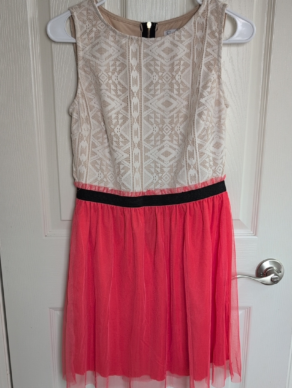 Women's Speechless Cream Lace Bodice with Coral Pink Tulle Skirt Dress